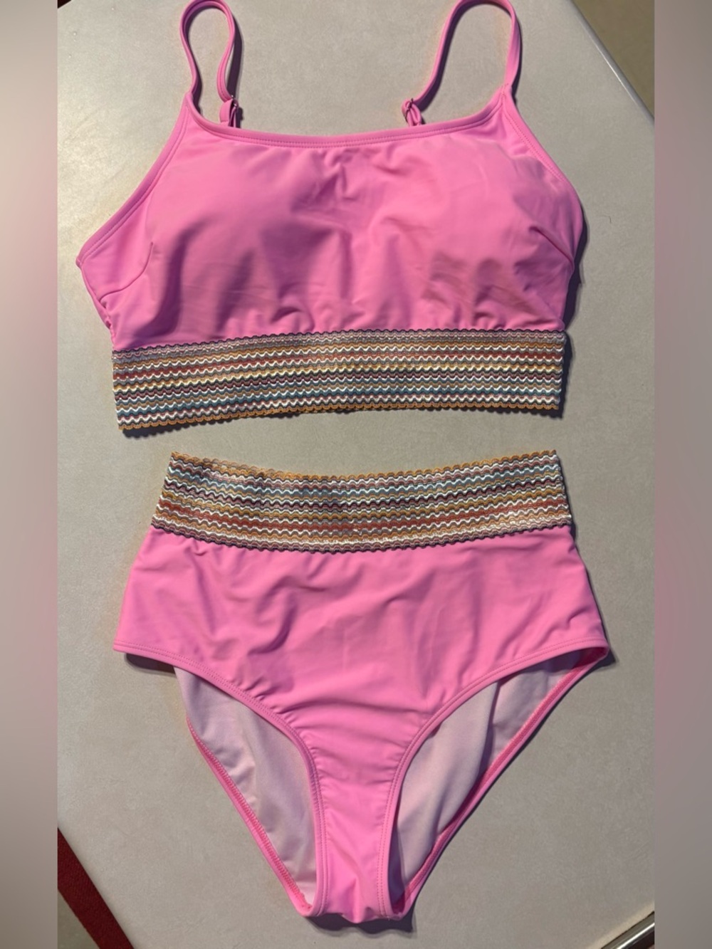 Pink High-Waisted Bikini Set Smocked Band Bottom Medium Adjustable Straps Large